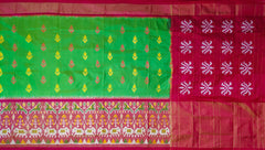 Parrot Green and Pink Tissue Single Ikat Handloom Pochampally Saree