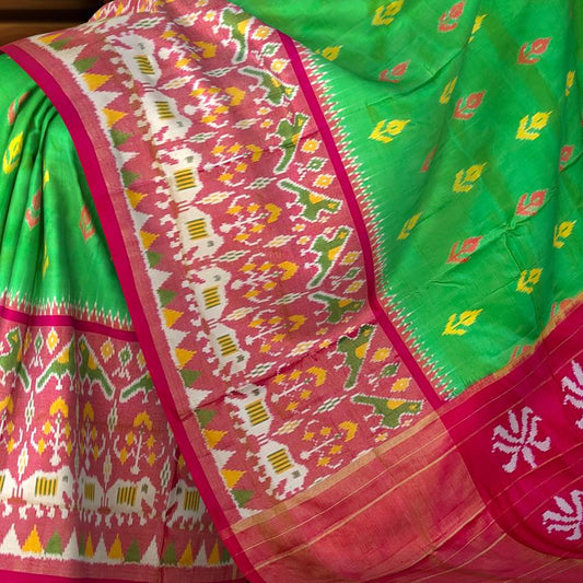 Parrot Green and Pink Tissue Single Ikat Handloom Pochampally Saree