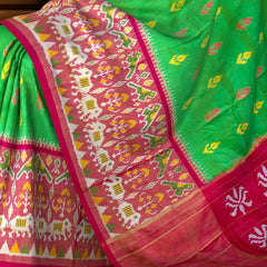 Parrot Green and Pink Tissue Single Ikat Handloom Pochampally Saree