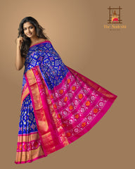 Royal Blue and Pink Kaddi Border Single Ikat Handloom Pochampally Saree
