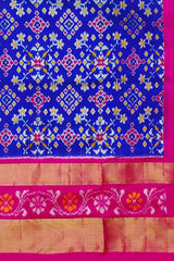 Royal Blue and Pink Kaddi Border Single Ikat Handloom Pochampally Saree