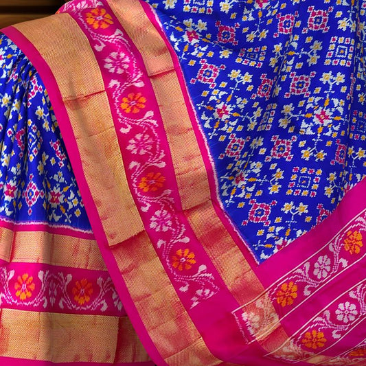 Royal Blue and Pink Kaddi Border Single Ikat Handloom Pochampally Saree