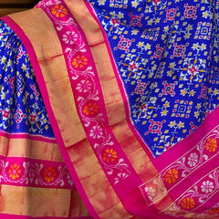 Royal Blue and Pink Kaddi Border Single Ikat Handloom Pochampally Saree