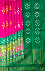 Pink and Green Tissue Single Ikat Handloom Pochampally Saree