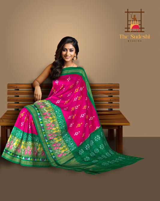 Pink and Green Tissue Single Ikat Handloom Pochampally Saree