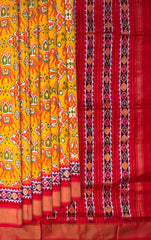 Mustard Yellow and Red Single Ikat Handloom Pochampally Saree