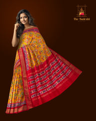 Mustard Yellow and Red Single Ikat Handloom Pochampally Saree