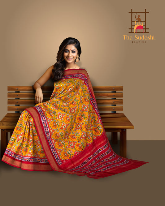 Mustard Yellow and Red Single Ikat Handloom Pochampally Saree