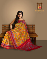 Mustard Yellow and Red Single Ikat Handloom Pochampally Saree