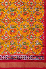 Mustard Yellow and Red Single Ikat Handloom Pochampally Saree