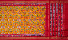 Mustard Yellow and Red Single Ikat Handloom Pochampally Saree