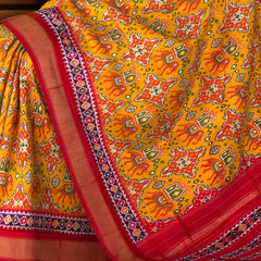 Mustard Yellow and Red Single Ikat Handloom Pochampally Saree