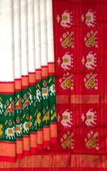 White and Red Ambari Design Single Ikat Handloom Pochampally Saree