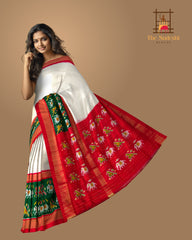 White and Red Ambari Design Single Ikat Handloom Pochampally Saree