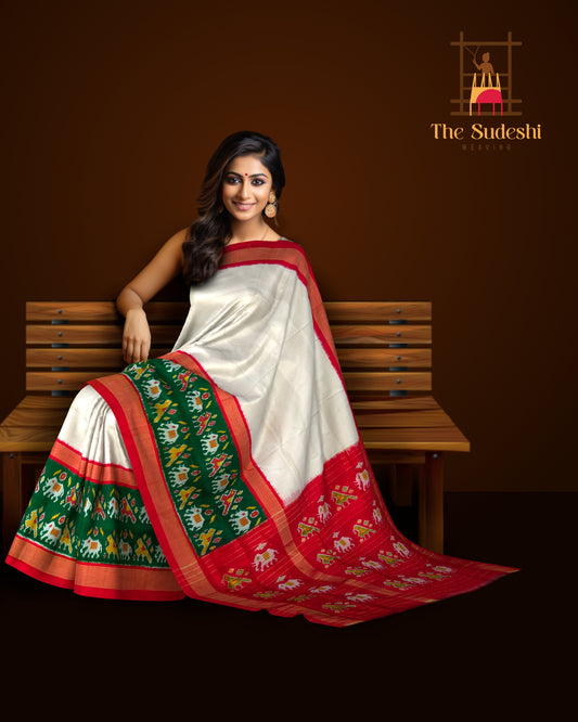 White and Red Ambari Design Single Ikat Handloom Pochampally Saree