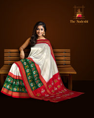 White and Red Ambari Design Single Ikat Handloom Pochampally Saree