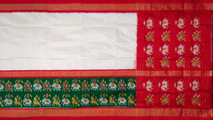White and Red Ambari Design Single Ikat Handloom Pochampally Saree