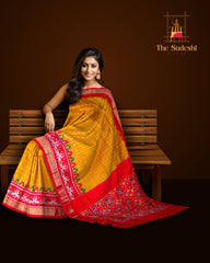 Golden Yellow Red Pochampally Single Ikat Handloom Saree