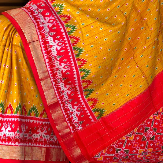 Golden Yellow Red Pochampally Single Ikat Handloom Saree