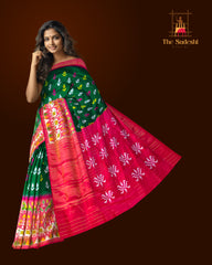Green Pink Pochampally Single Ikat Handloom Saree