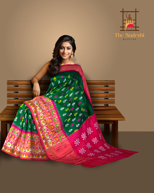 Green Pink Pochampally Single Ikat Handloom Saree