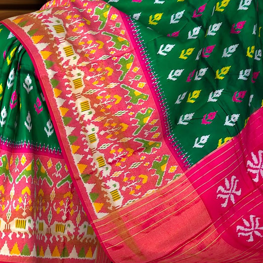 Green Pink Pochampally Single Ikat Handloom Saree