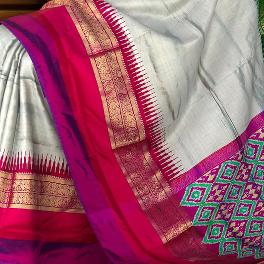 Grey Purple Pochampally Single Ikat Handloom Saree