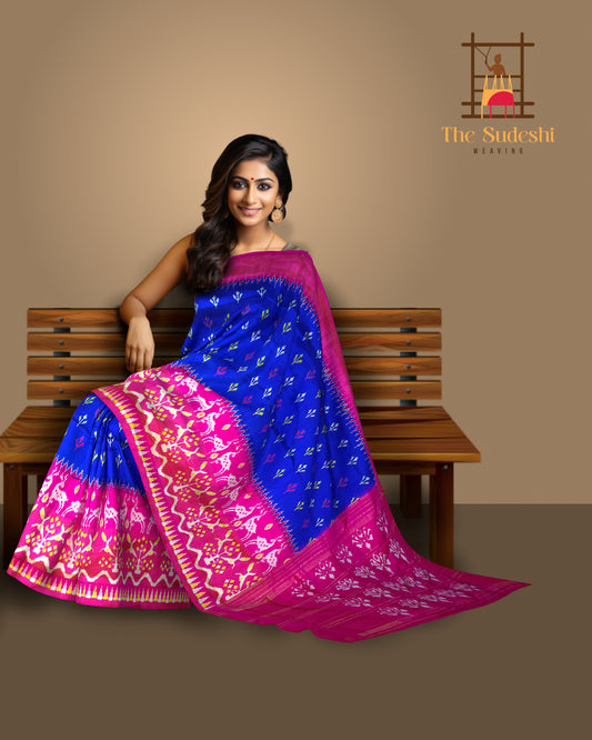 Blue Pink Pochampally Single Ikat Handloom Saree