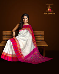 White Purple Pochampally Single Ikat Handloom Saree