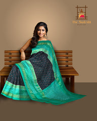 Black Green Pochampally Single Ikat Handloom Saree