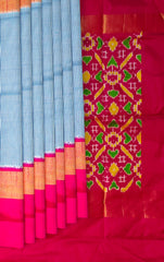 Blue Pink Pochampally Single Ikat Handloom Saree