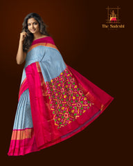 Blue Pink Pochampally Single Ikat Handloom Saree