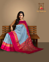 Blue Pink Pochampally Single Ikat Handloom Saree