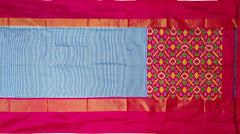 Blue Pink Pochampally Single Ikat Handloom Saree