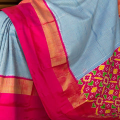 Blue Pink Pochampally Single Ikat Handloom Saree