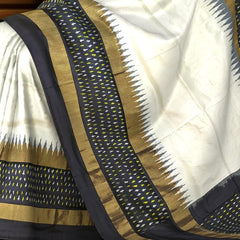 White Black Pochampally Single Ikat Handloom Saree