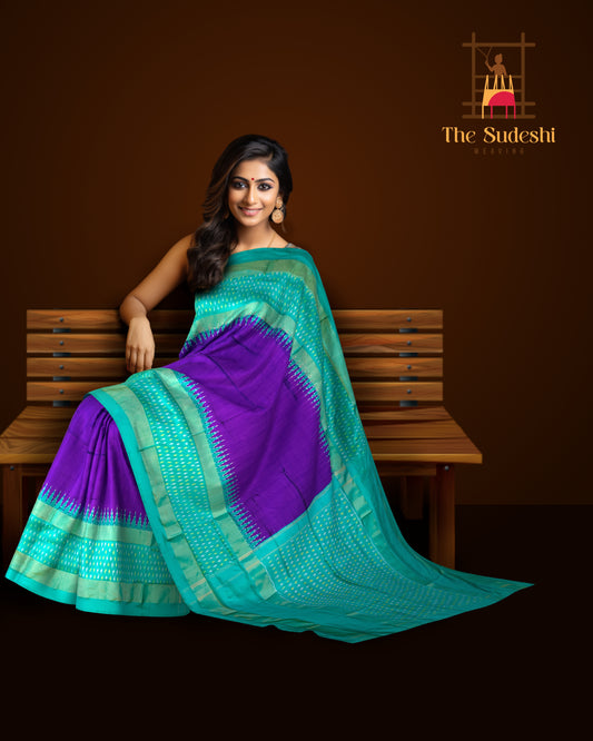 Purple Green Pochampally Single Ikat Handloom Saree
