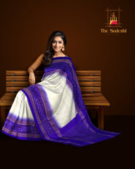 White Purple Pochampally Single Ikat Handloom Saree