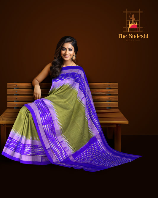Green Violet Pochampally Single Ikat Handloom Saree