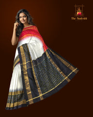 White Black Pochampally Single Ikat Handloom Saree