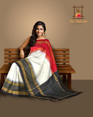 White Black Pochampally Single Ikat Handloom Saree