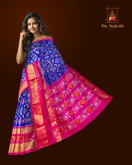 Blue Pink Pochampally Single Ikat Handloom Saree