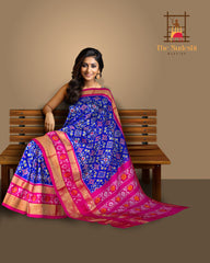 Blue Pink Pochampally Single Ikat Handloom Saree