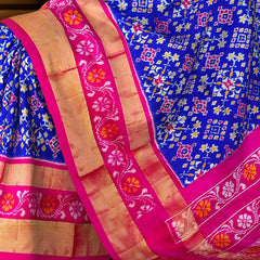 Blue Pink Pochampally Single Ikat Handloom Saree