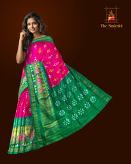 Pink Green Pochampally Single Ikat Handloom Saree