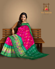 Pink Green Pochampally Single Ikat Handloom Saree