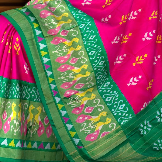 Pink Green Pochampally Single Ikat Handloom Saree