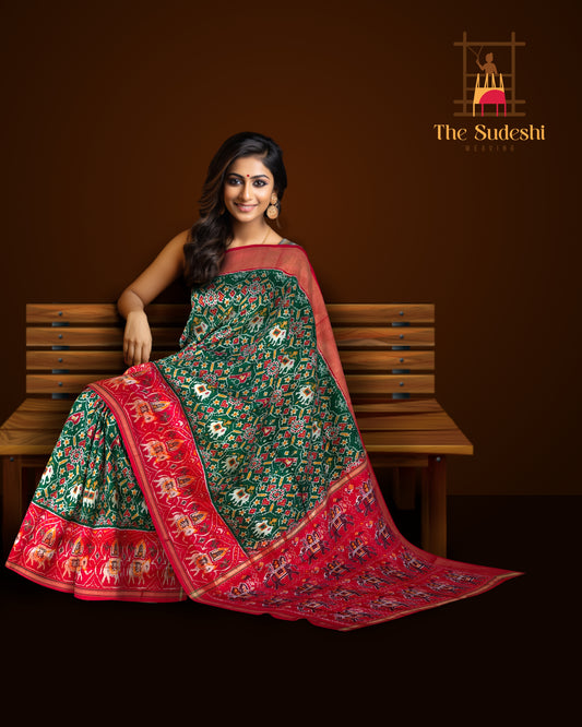 Green Orange Pochampally Single Ikat Handloom Saree