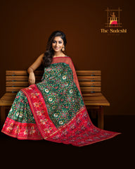 Green Orange Pochampally Single Ikat Handloom Saree