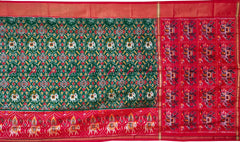 Green Orange Pochampally Single Ikat Handloom Saree